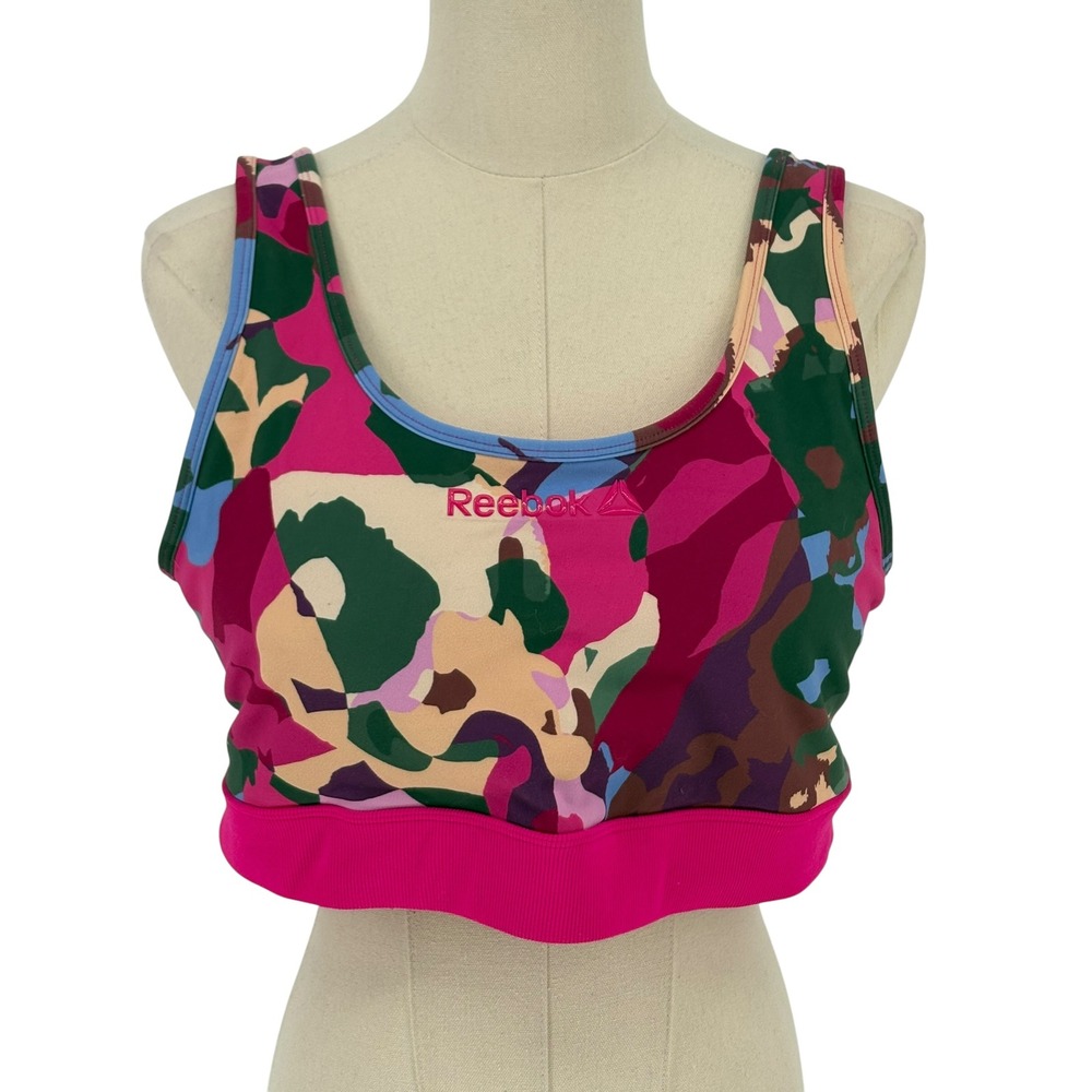 Reebok Sports Bra Pink Green Abstract Camo Scoop Neck Ribbed Band XL